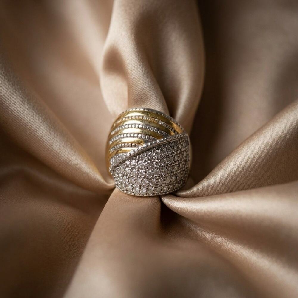 Vintage Silver Gold Tone Pave Crystal Chunky Cocktail Estate Ring Sz 6-6.5